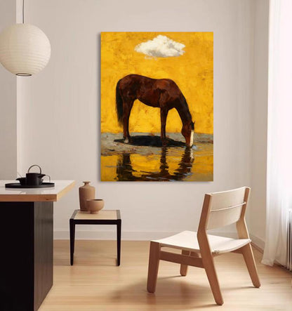 Impressionist Horse Oil Painting on Canvas, Original Chestnut Horse at Water's Edge Canvas Wall Art, Modern Animal Wall Art for Living Room