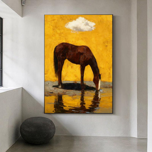 Impressionist Horse Oil Painting on Canvas, Original Chestnut Horse at Water's Edge Canvas Wall Art, Modern Animal Wall Art for Living Room