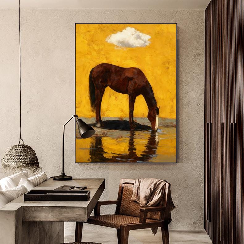 Impressionist Horse Oil Painting on Canvas, Original Chestnut Horse at Water's Edge Canvas Wall Art, Modern Animal Wall Art for Living Room