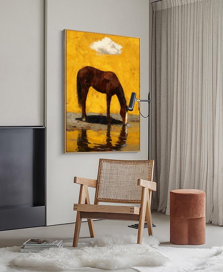 Impressionist Horse Oil Painting on Canvas, Original Chestnut Horse at Water's Edge Canvas Wall Art, Modern Animal Wall Art for Living Room