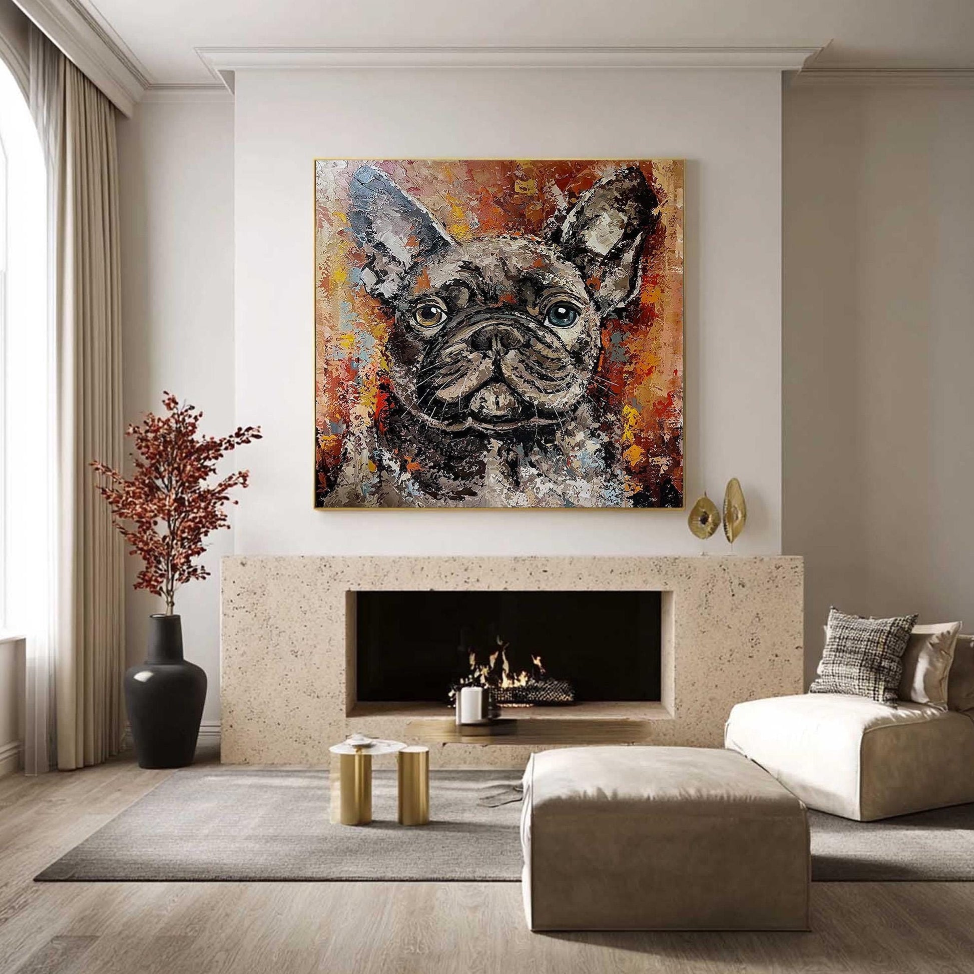 Colorful French Bulldog Painting, Textured Dog Art on Canvas, Impasto Pet Portrait, Modern Animal Wall Art,Palette Knife Art,
