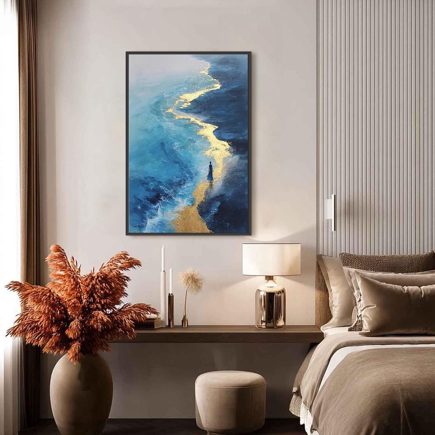 Blue and Gold Abstract Textured Beach Seascape Wall Art – Blue and Gold