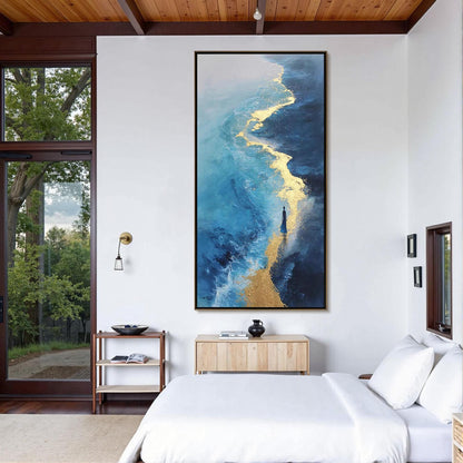 Blue and Gold Abstract Textured Beach Seascape Wall Art – Blue and Gold