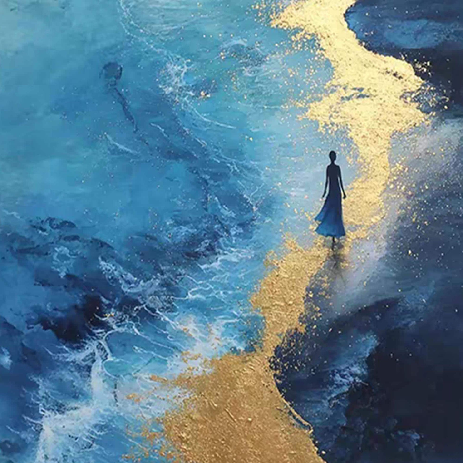 Blue and Gold – Blue and Gold Beach Seascape Wall Art | Abstract Textured Hand-Painted Painting, view 5