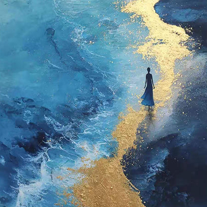 Blue and Gold – Blue and Gold Beach Seascape Wall Art | Abstract Textured Hand-Painted Painting, view 5