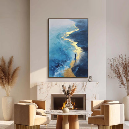 Blue and Gold Abstract Textured Beach Seascape Wall Art – Blue and Gold
