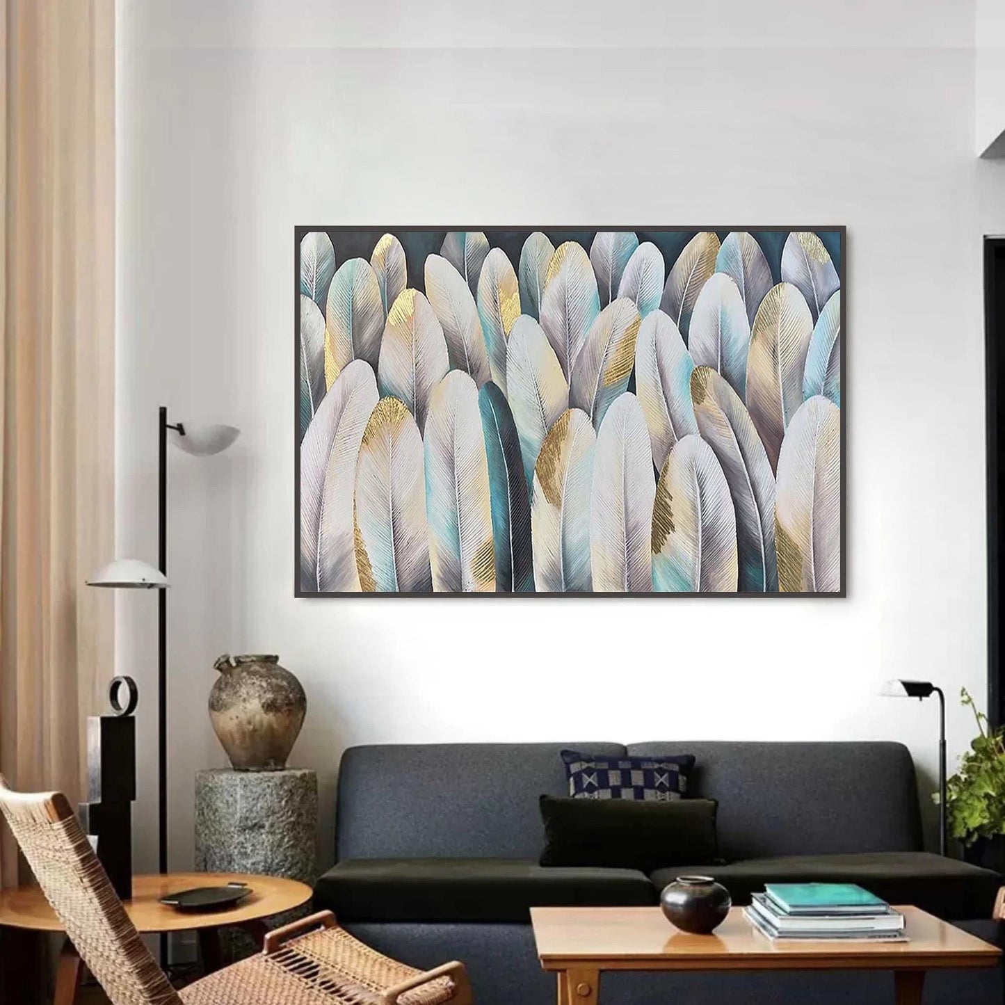Large – Panoramic Blue and Gold Bird Animal Wall Art | Abstract Textured Hand-Painted Painting, view 4
