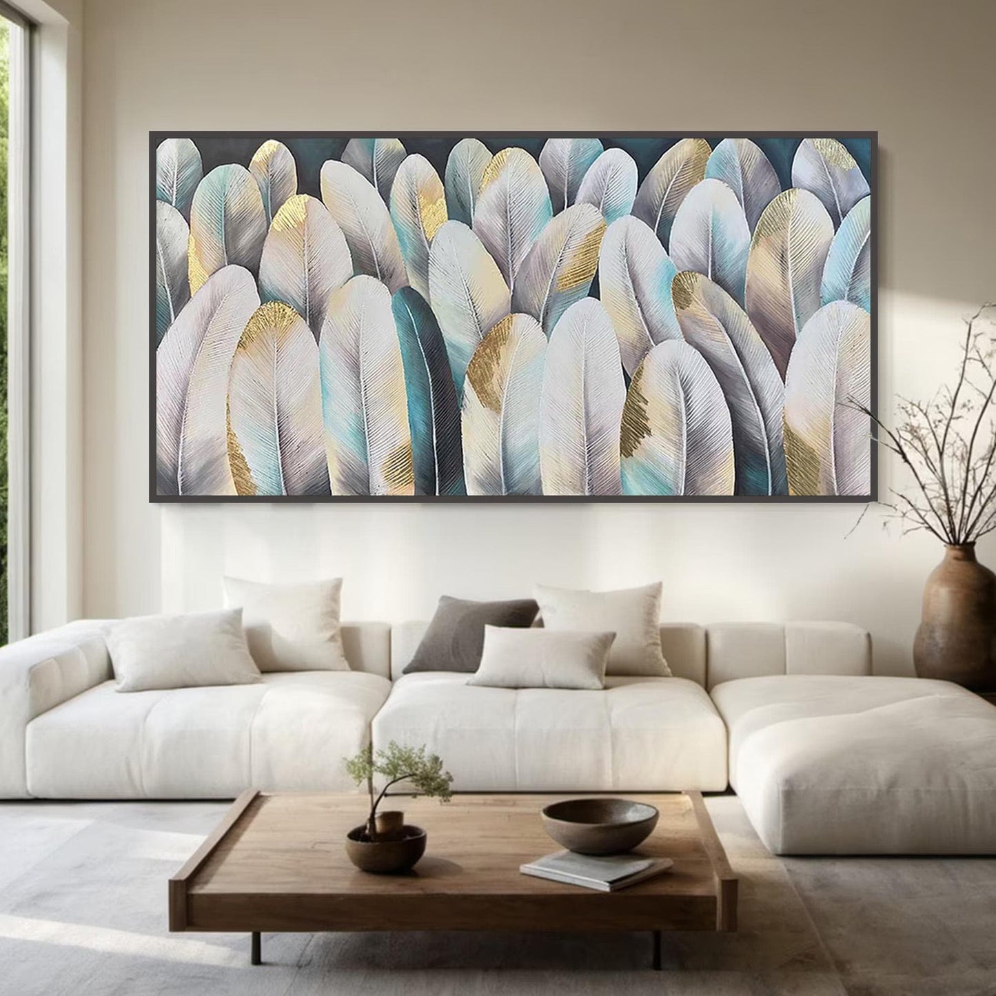 Panoramic Blue and Gold Abstract Textured Bird Animal Wall Art Painting