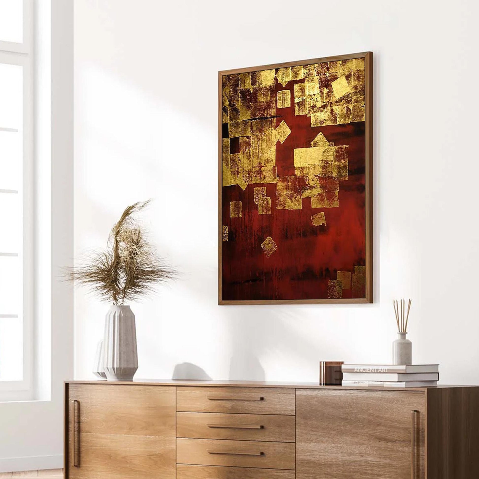 Gold Leaf – Gold and Red Botanical Leaf Wall Art | Abstract Textured Hand-Painted Painting, view 3