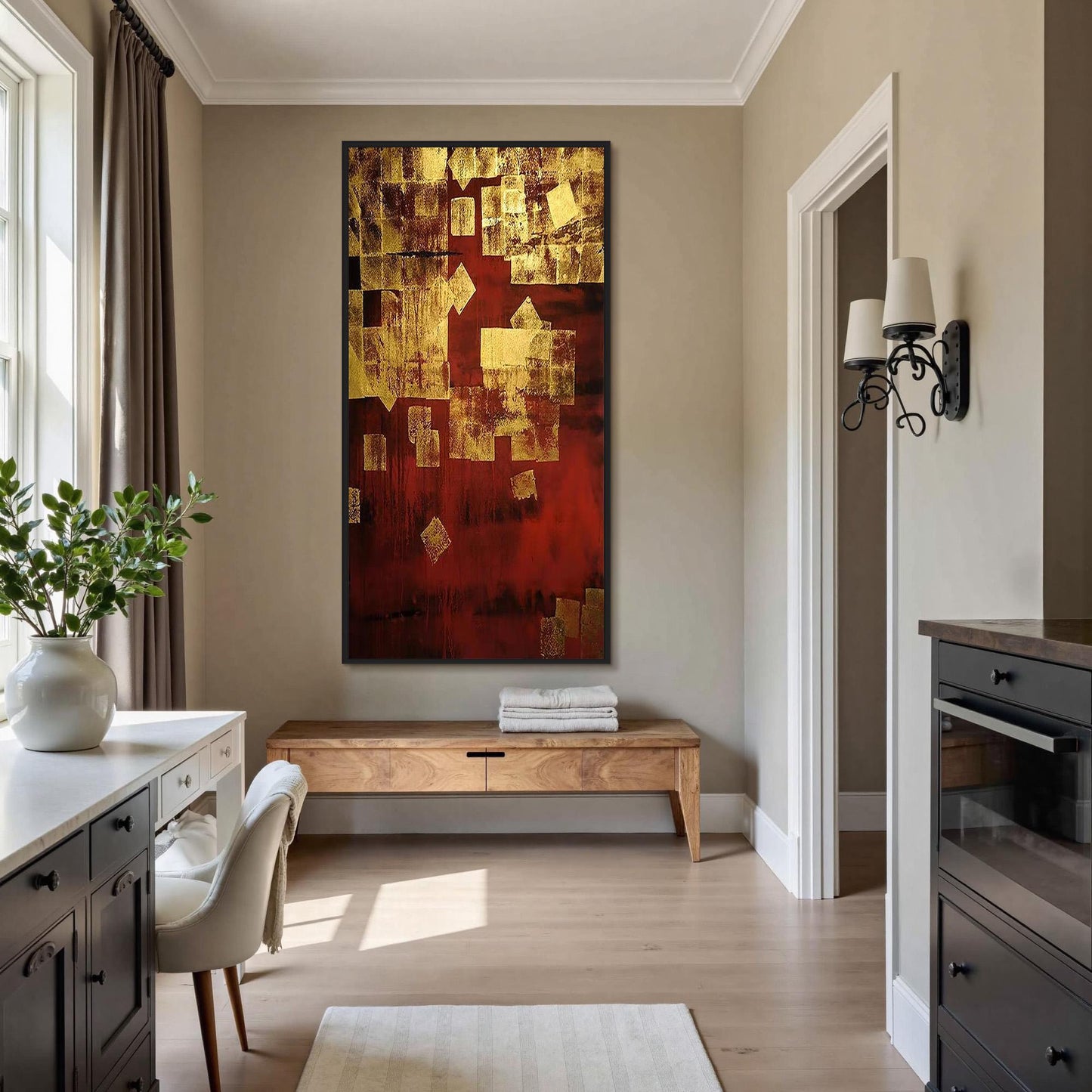 Gold Leaf – Gold and Red Botanical Leaf Wall Art | Abstract Textured Hand-Painted Painting, view 4
