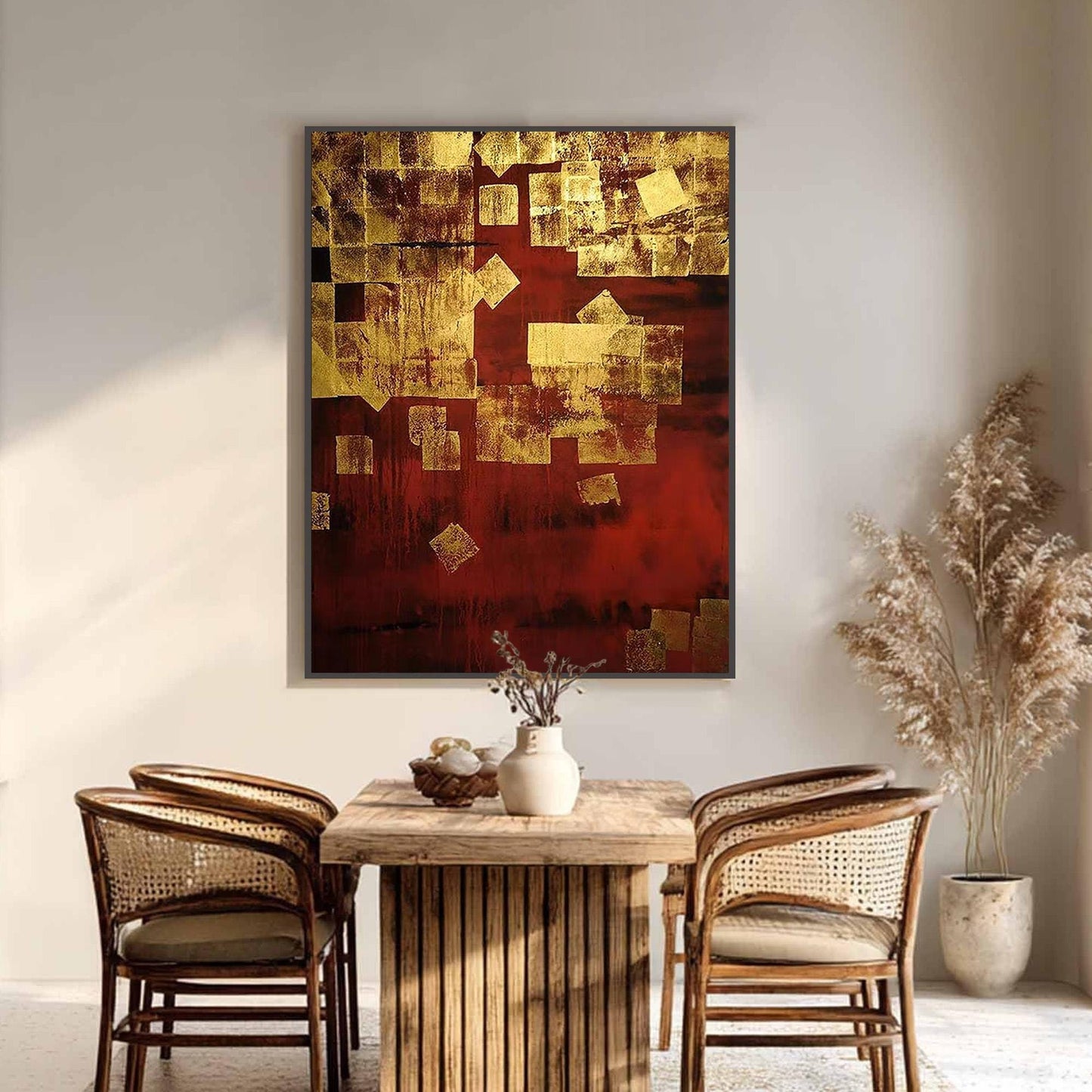 Gold and Red Abstract Textured Botanical Leaf Wall Art – Gold Leaf