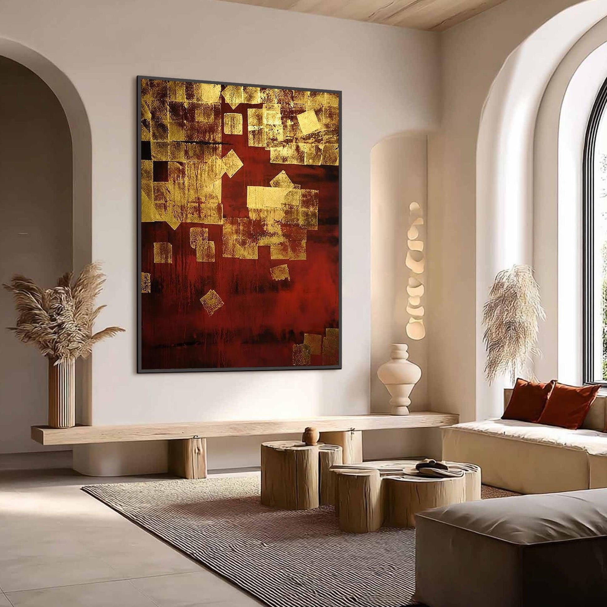 Gold Leaf – Gold and Red Botanical Leaf Wall Art | Abstract Textured Hand-Painted Painting, view 2
