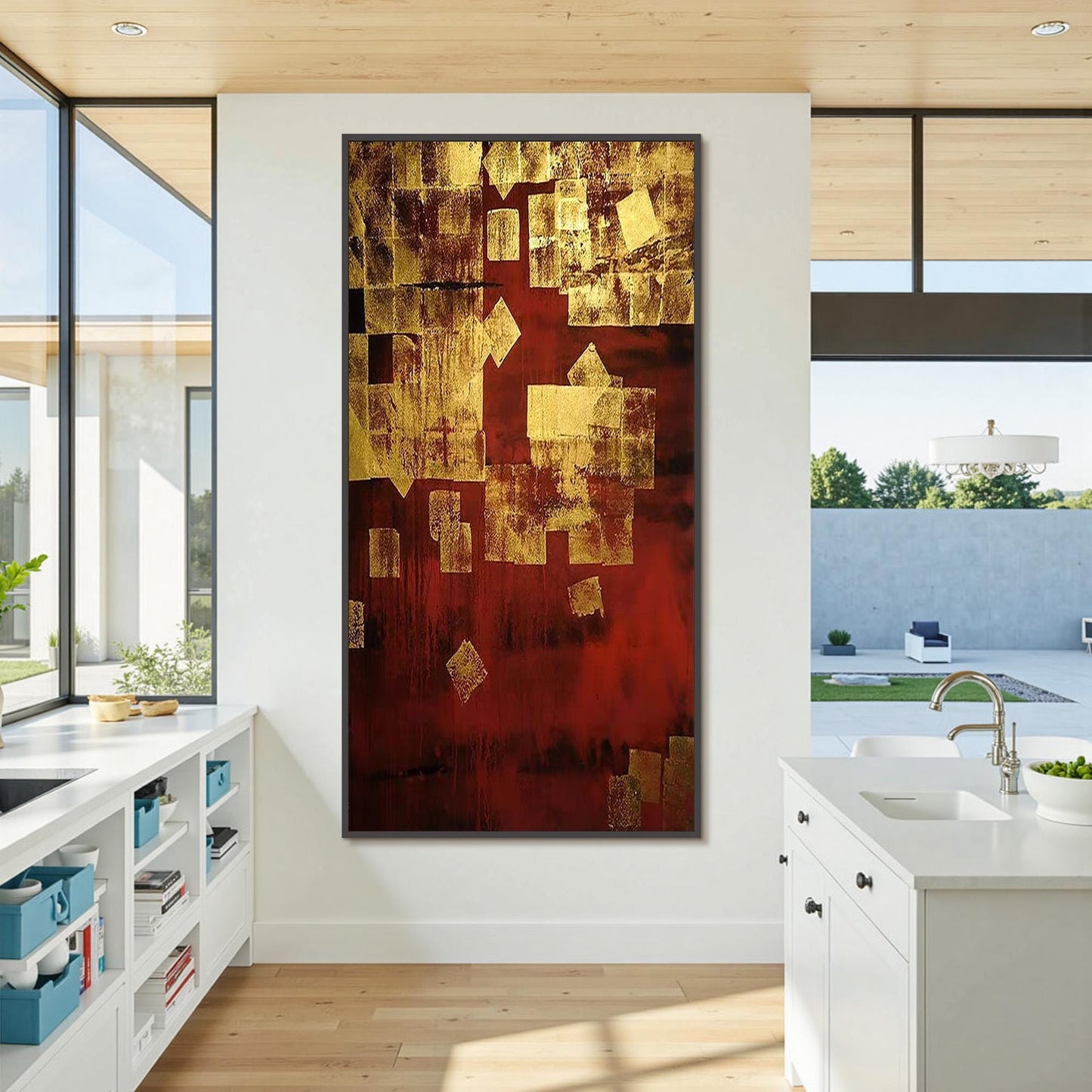 Gold and Red Abstract Textured Botanical Leaf Wall Art – Gold Leaf