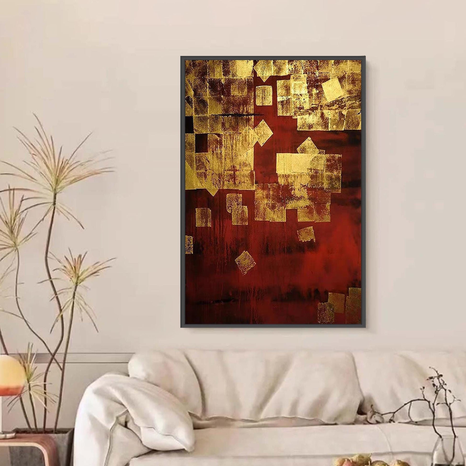 Gold Leaf – Gold and Red Botanical Leaf Wall Art | Abstract Textured Hand-Painted Painting, view 1