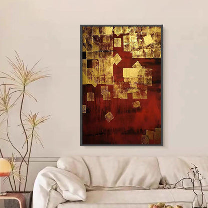 Gold Leaf – Gold and Red Botanical Leaf Wall Art | Abstract Textured Hand-Painted Painting, view 1