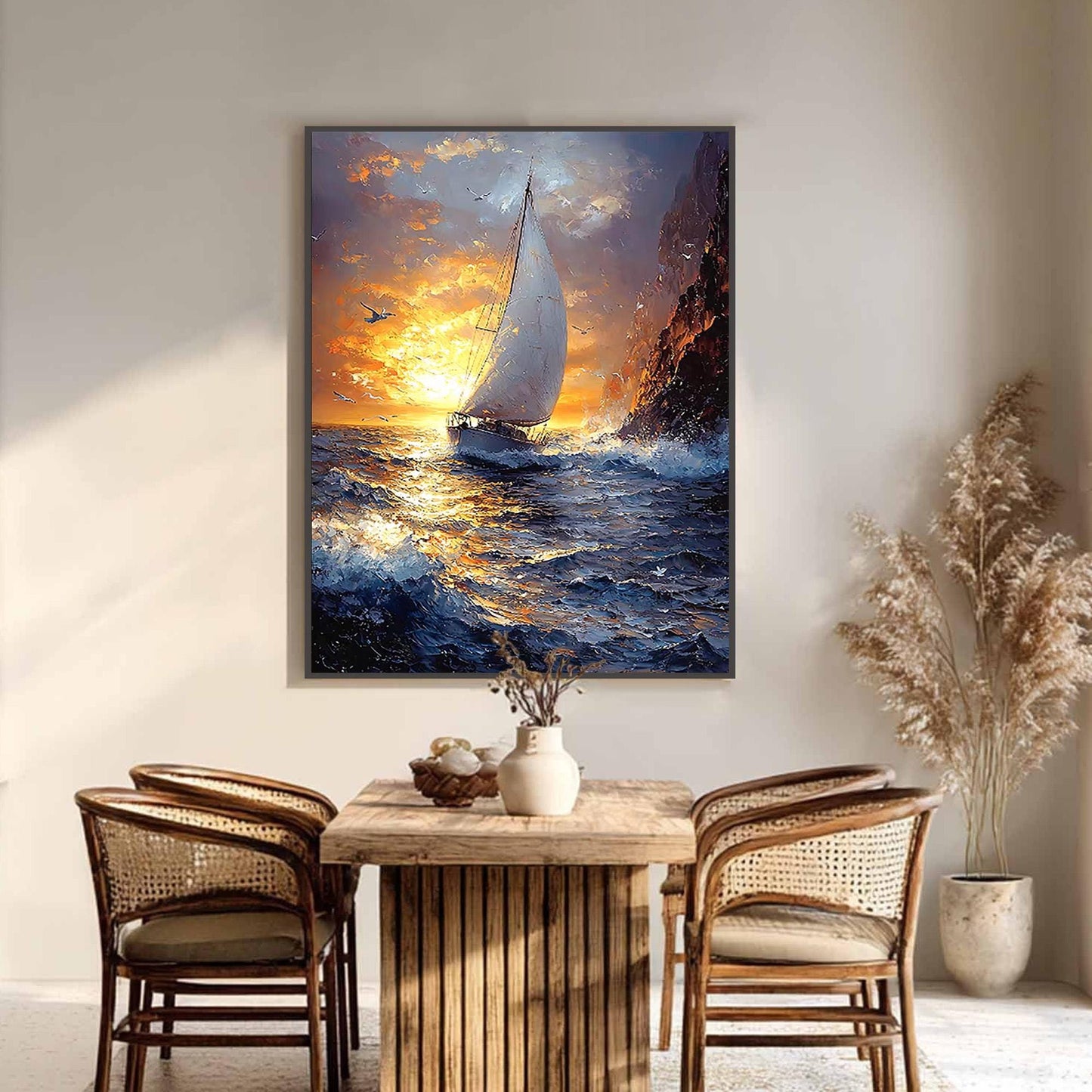 Gold Coastal Impasto Sailboat Seascape Wall Art