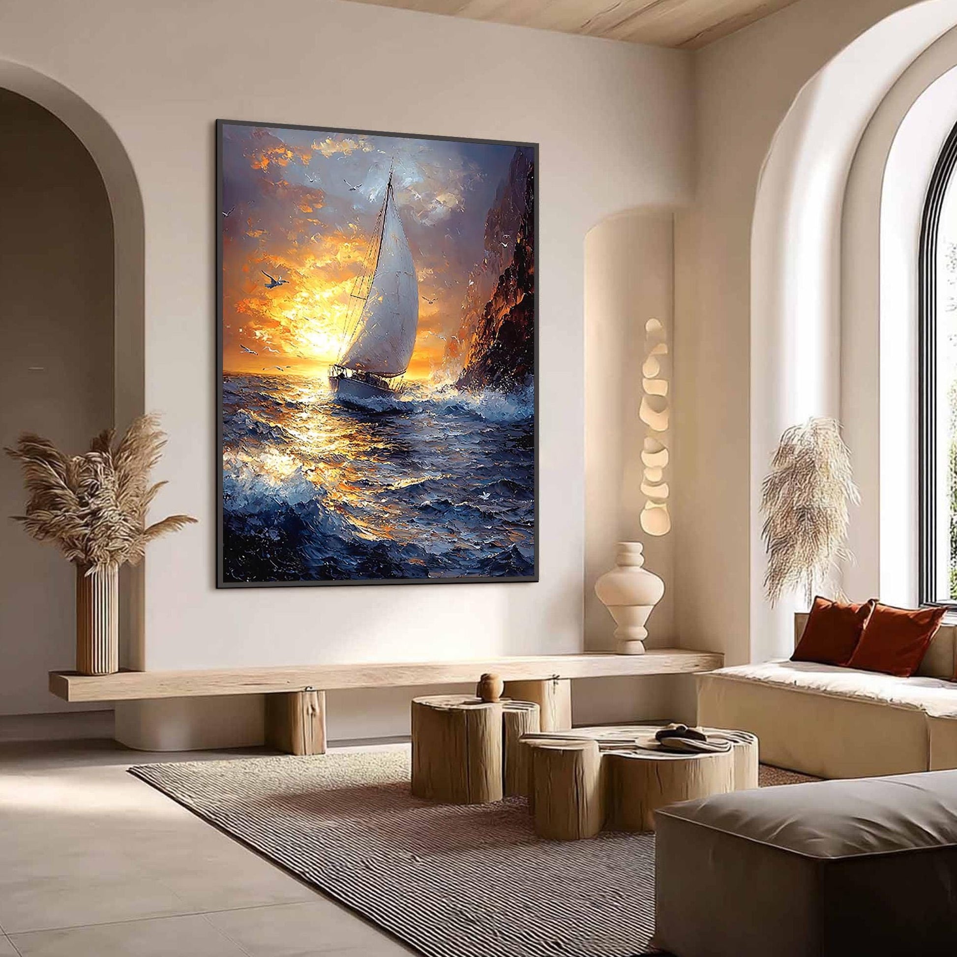 Textured Sailboat Painting, Large Ocean Wall Art, Impasto Seascape at Sunset, Dramatic Coastal Decor, Nautical Canvas Art for