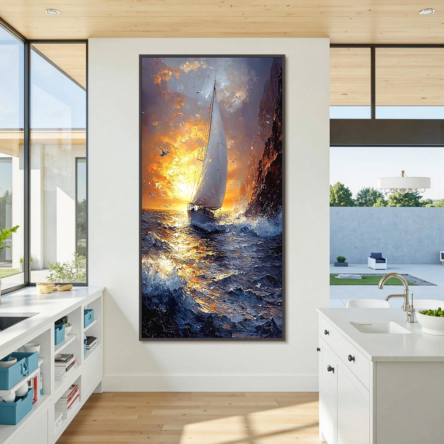 Gold Coastal Impasto Sailboat Seascape Wall Art
