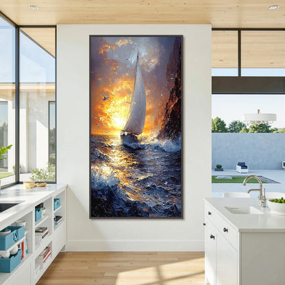 Gold Coastal Impasto Sailboat Seascape Wall Art