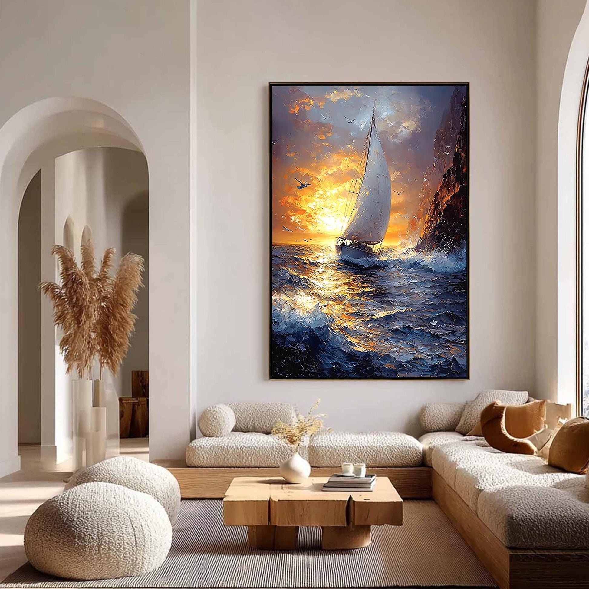 Textured Sailboat Painting, Large Ocean Wall Art, Impasto Seascape at Sunset, Dramatic Coastal Decor, Nautical Canvas Art for