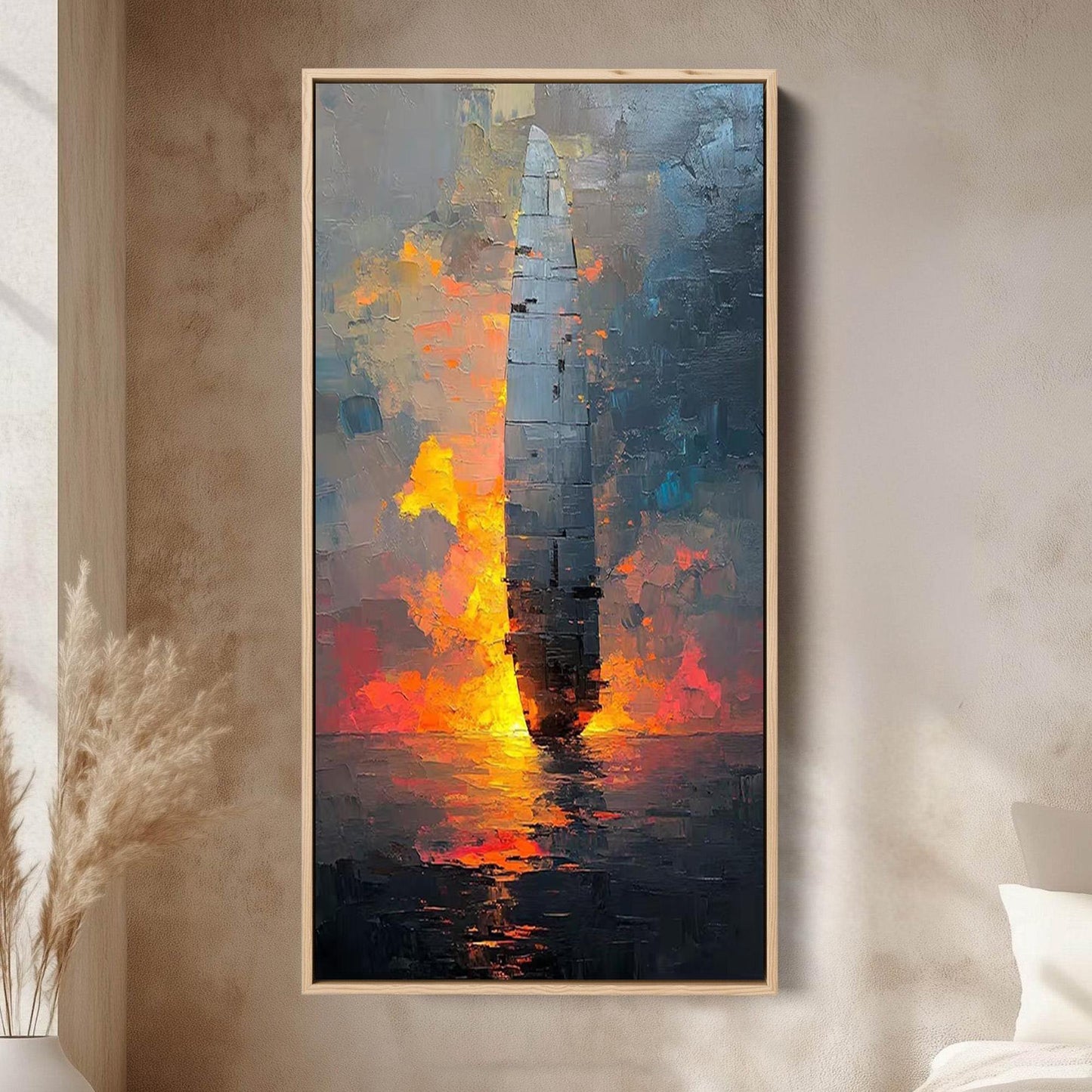 Abstract Ship Painting, Large Textured Wall Art, Modern Industrial Decor, Impasto Monolith Art, Fiery Sunset Seascape for Liv
