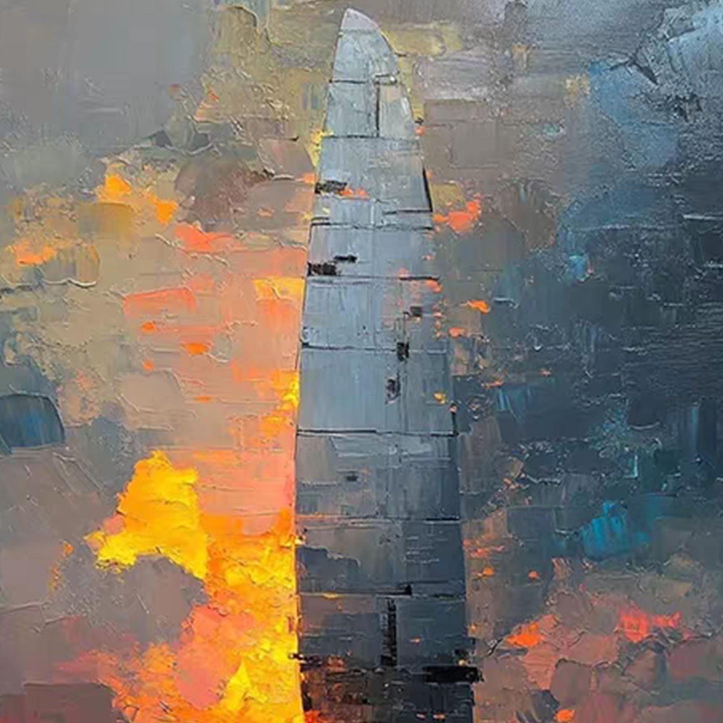 Abstract Ship Painting, Large Textured Wall Art, Modern Industrial Decor, Impasto Monolith Art, Fiery Sunset Seascape for Liv