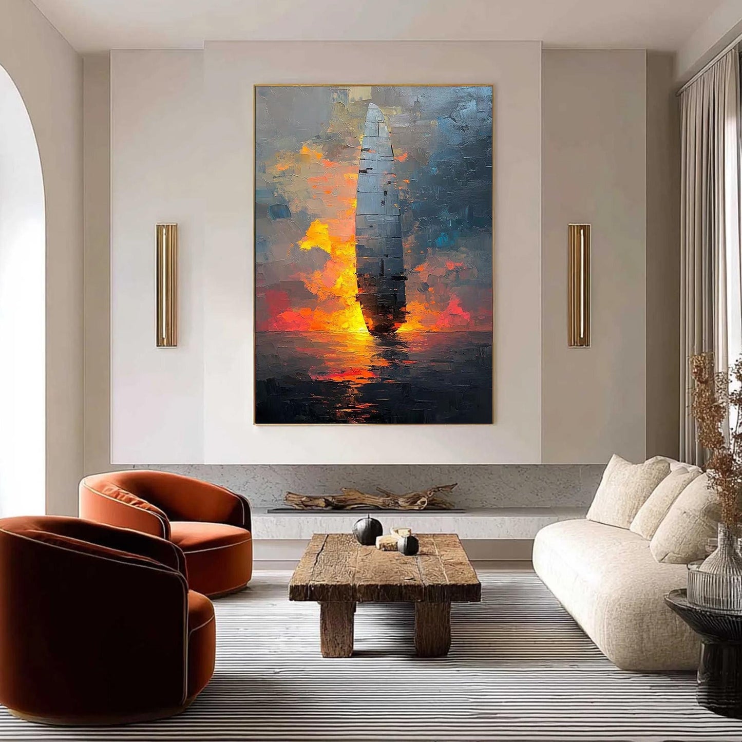 Abstract Ship Painting, Large Textured Wall Art, Modern Industrial Decor, Impasto Monolith Art, Fiery Sunset Seascape for Liv