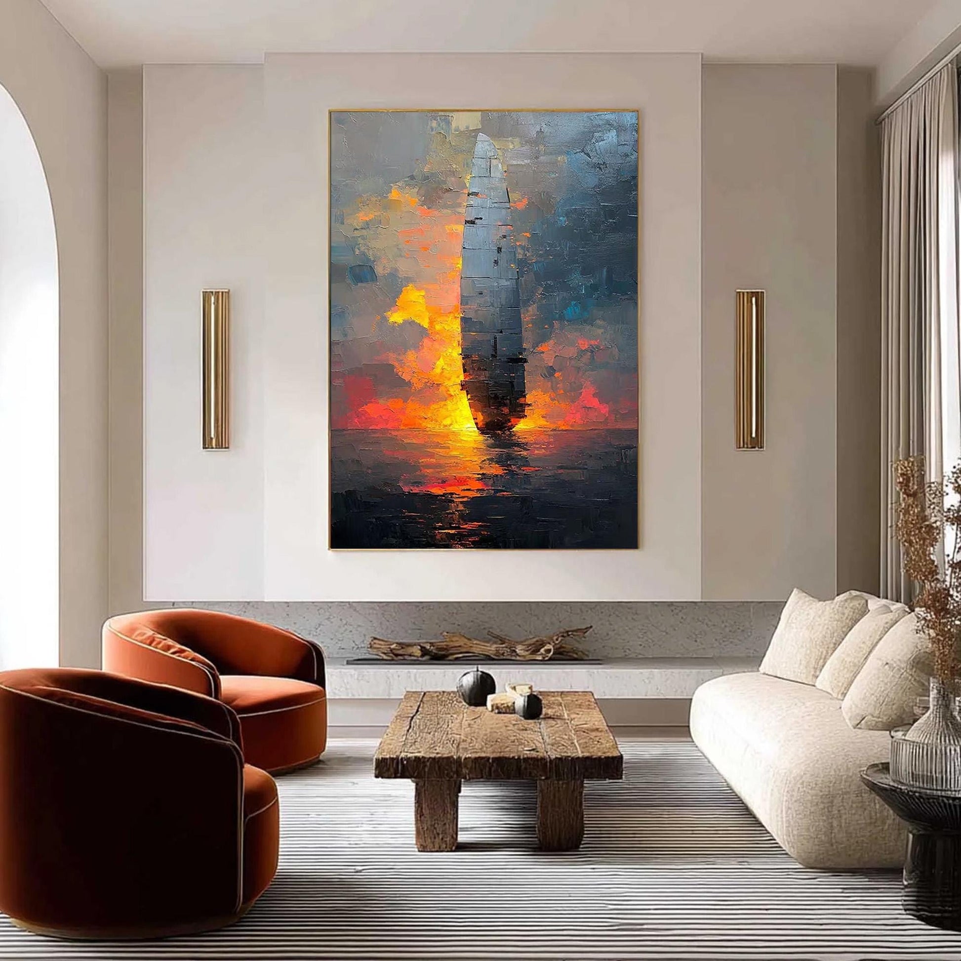 Abstract Ship Painting, Large Textured Wall Art, Modern Industrial Decor, Impasto Monolith Art, Fiery Sunset Seascape for Liv