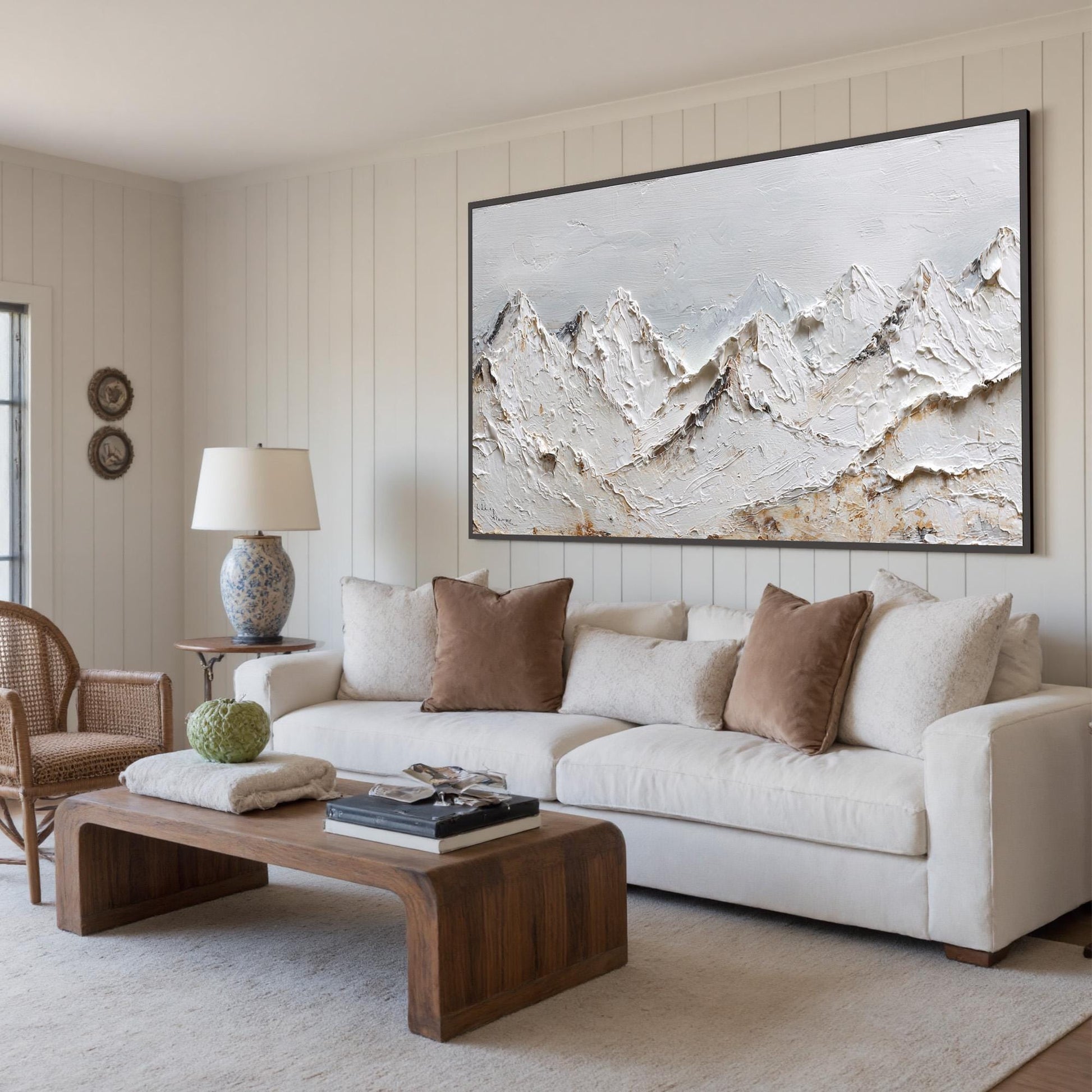 Textured White Peaks Mountain Oil Painting, Hand-Painted Landscape Art – White Mountain Wall Art | Textured Hand-Painted Oil 