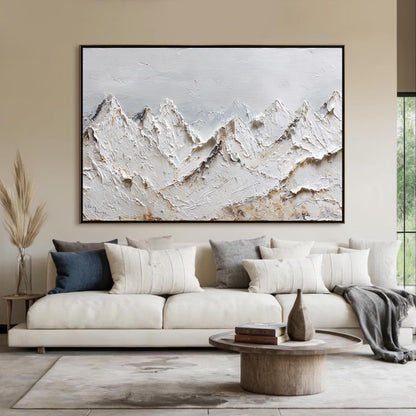 Textured White Peaks Mountain Oil Painting, Hand-Painted Landscape Art – White Mountain Wall Art | Textured Hand-Painted Oil 