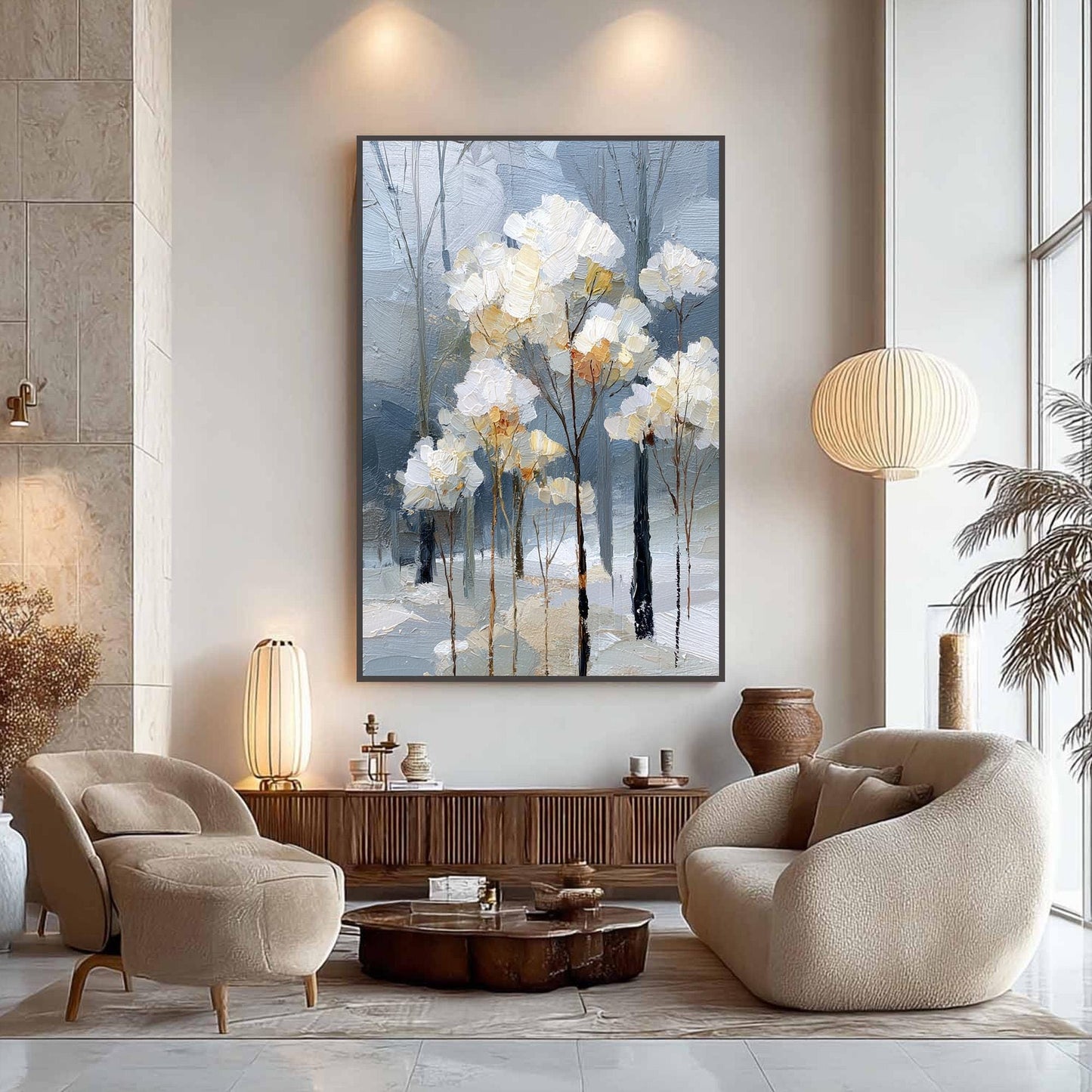 White Textured Landscape Wall Art – Hand-Painted Winter