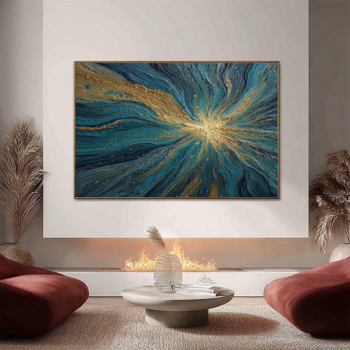 Textured Abstract Oil Painting, Swirling Blue and Gold Artwork – Blue and Gold Abstract Wall Art | Textured Hand-Painted Oil 