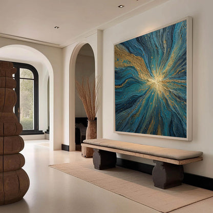 Textured Abstract Oil Painting, Swirling Blue and Gold Artwork – Blue and Gold Abstract Wall Art | Textured Hand-Painted Oil 