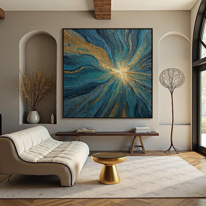 Textured Abstract Oil Painting, Swirling Blue and Gold Artwork – Blue and Gold Abstract Wall Art | Textured Hand-Painted Oil 