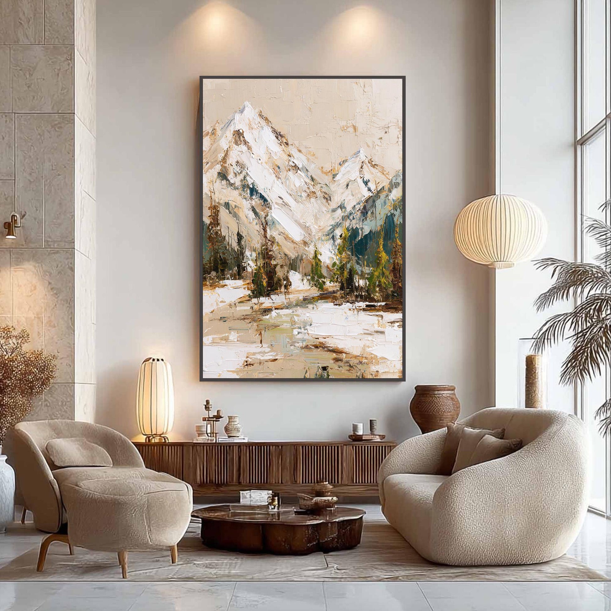 Textured Mountain Painting, Original Impasto Landscape Art, Snowy Peak Wall Decor, Rustic Cabin Art, Neutral Living Room Deco