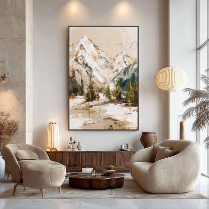 Textured Mountain Painting, Original Impasto Landscape Art, Snowy Peak Wall Decor, Rustic Cabin Art, Neutral Living Room Deco