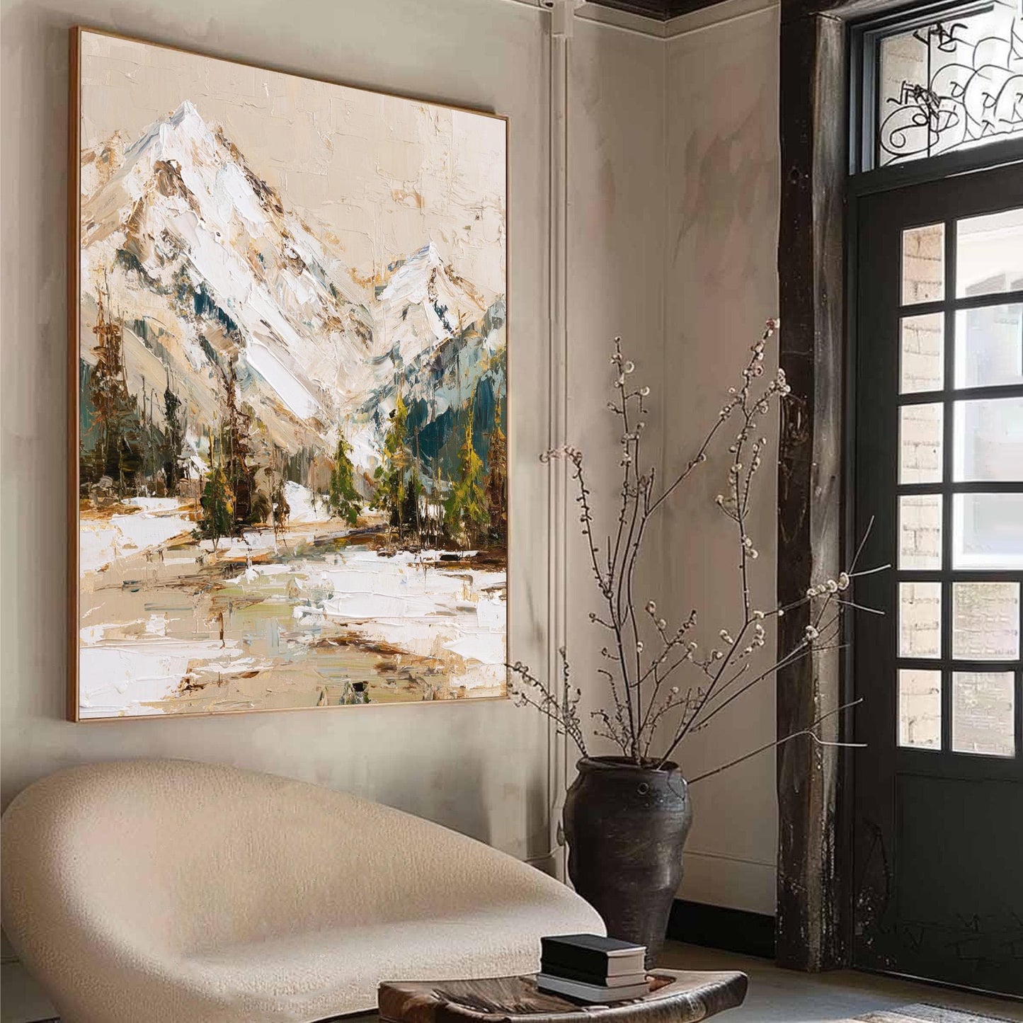 Hand-Painted Impasto Snow-Capped Mountain Wall Art – Textured Mountain Painting