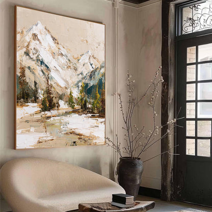 Hand-Painted Impasto Snow-Capped Mountain Wall Art – Textured Mountain Painting