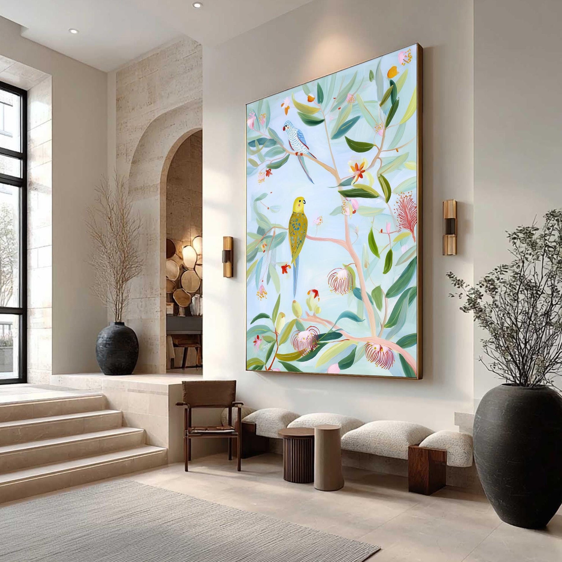 Abstract Bird Painting on Canvas, Whimsical Parakeet Wall Art, Original Botanical Decor, Pastel Blue and Yellow Art for Nurse