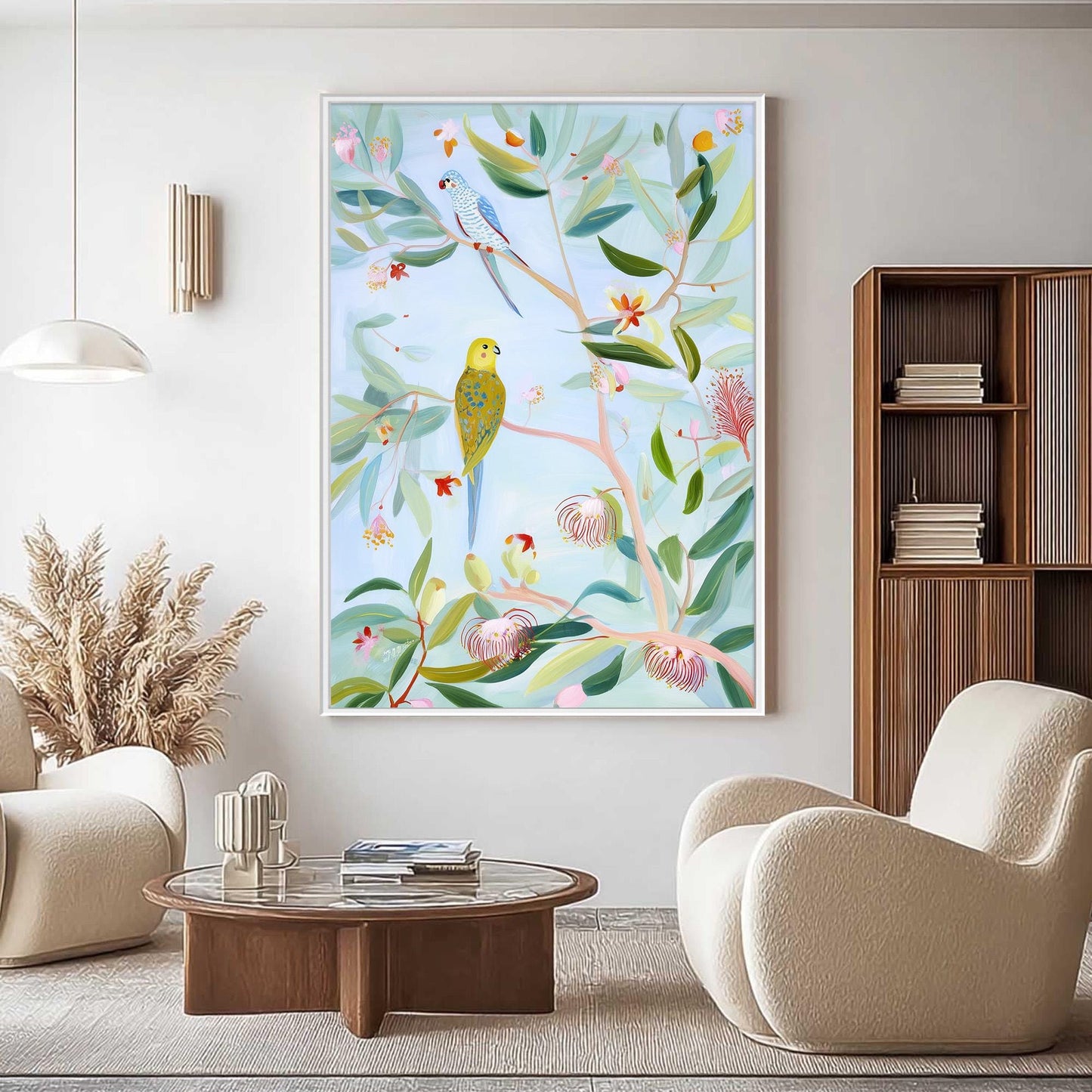 Abstract Bird Painting on Canvas, Whimsical Parakeet Wall Art, Original Botanical Decor, Pastel Blue and Yellow Art for Nurse