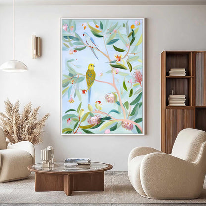 Abstract Bird Painting on Canvas, Whimsical Parakeet Wall Art, Original Botanical Decor, Pastel Blue and Yellow Art for Nurse