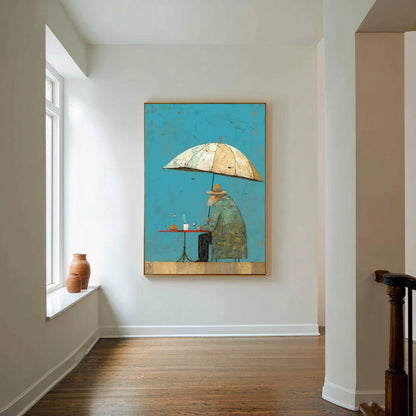 Umbrella Man Wall Art Vintage Cafe Figurative Canvas Painting for Modern Dining Room Decor