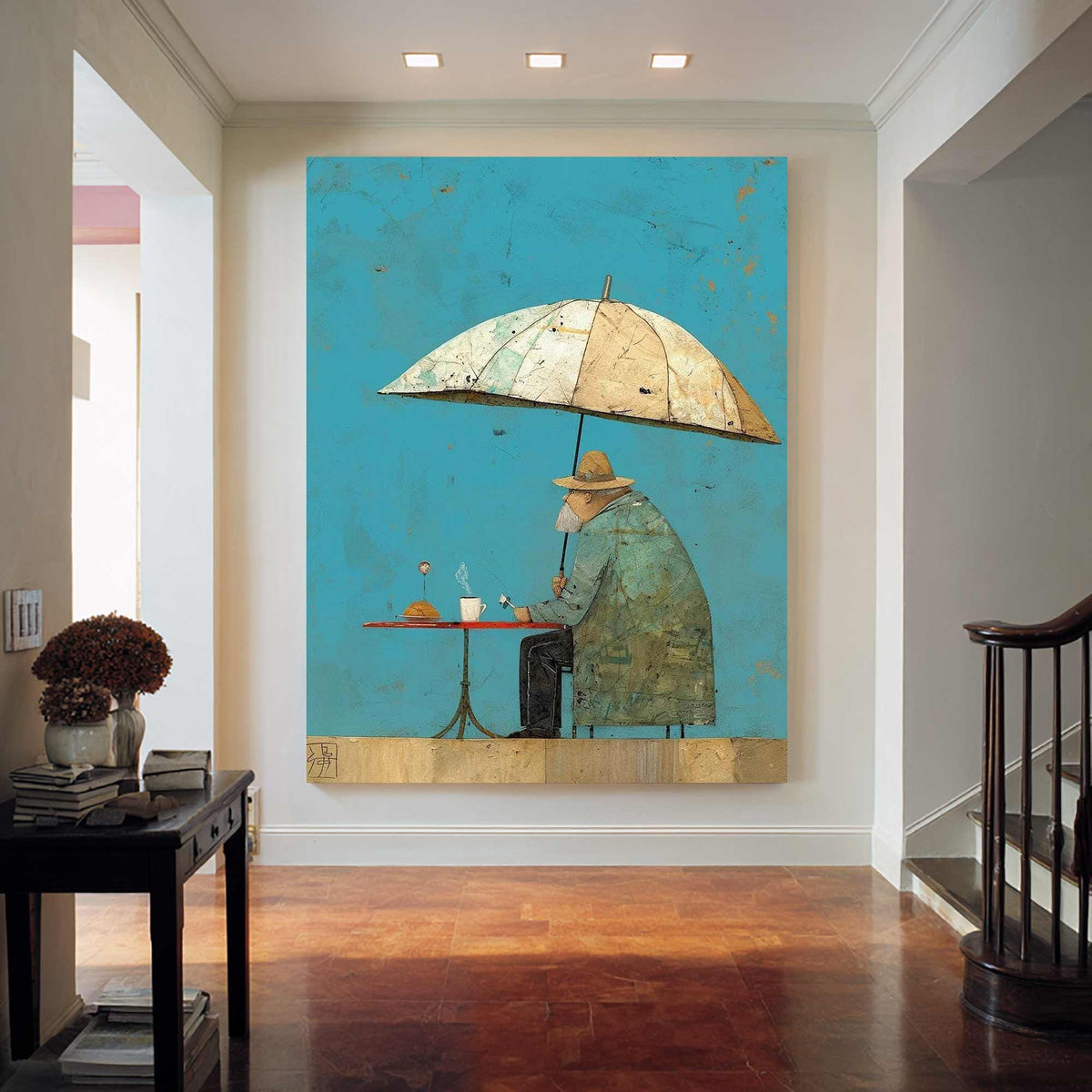 Umbrella Man Wall Art Vintage Cafe Figurative Canvas Painting for Modern Dining Room Decor