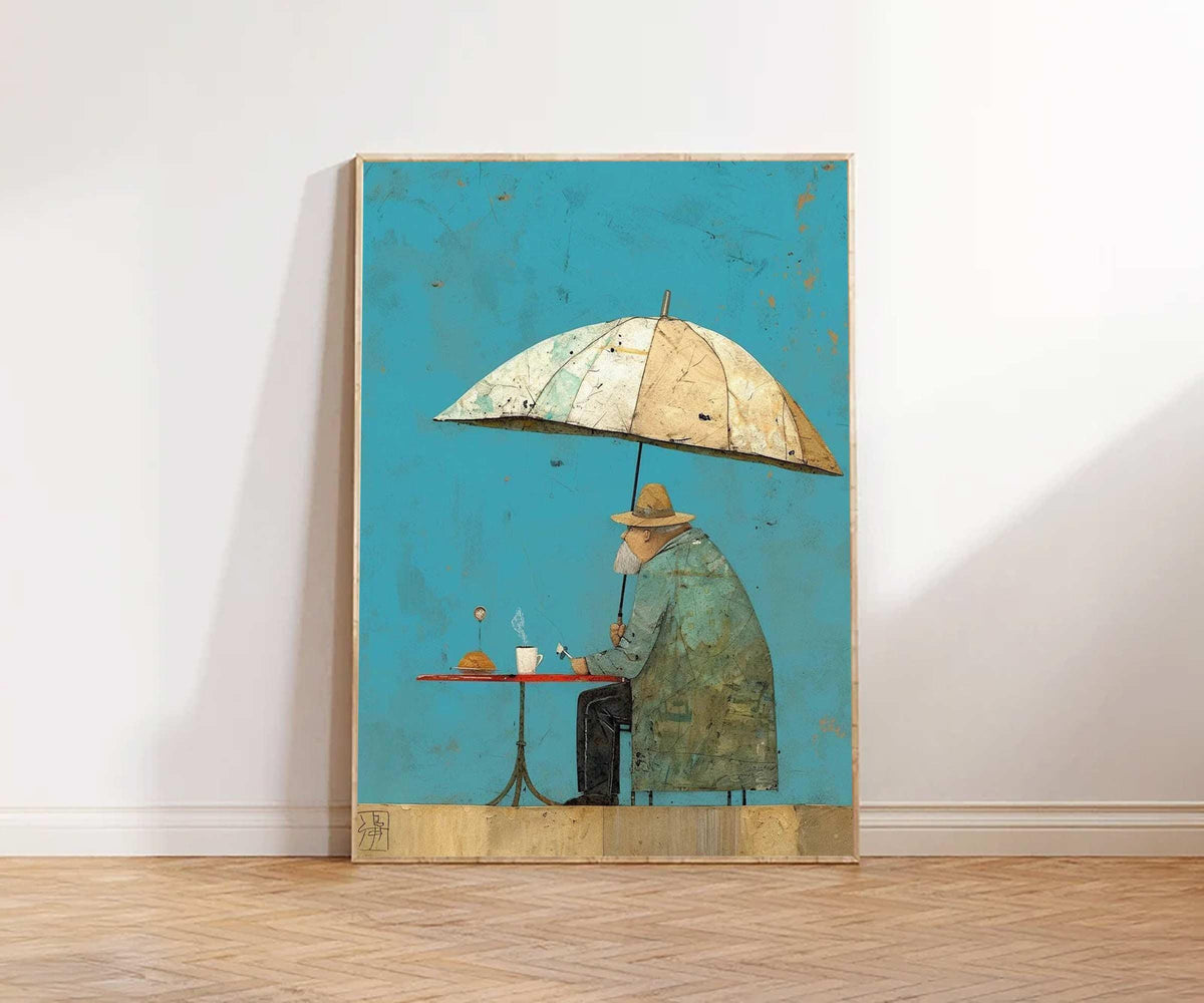 Umbrella Man Wall Art Vintage Cafe Figurative Canvas Painting for Modern Dining Room Decor
