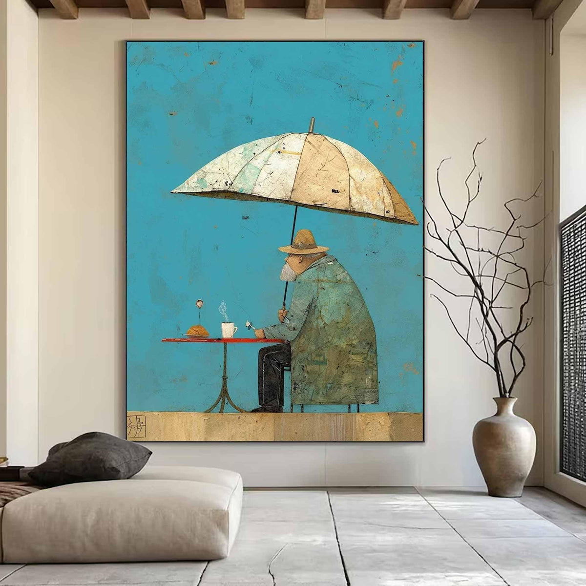 Umbrella Man Wall Art Vintage Cafe Figurative Canvas Painting for Modern Dining Room Decor