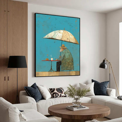 Umbrella Man Wall Art Vintage Cafe Figurative Canvas Painting for Modern Dining Room Decor