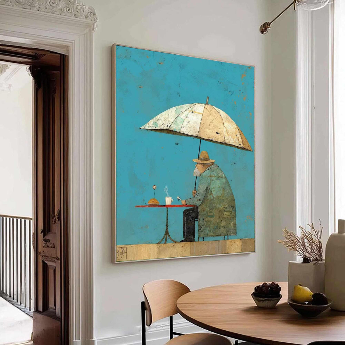Umbrella Man Wall Art Vintage Cafe Figurative Canvas Painting for Modern Dining Room Decor