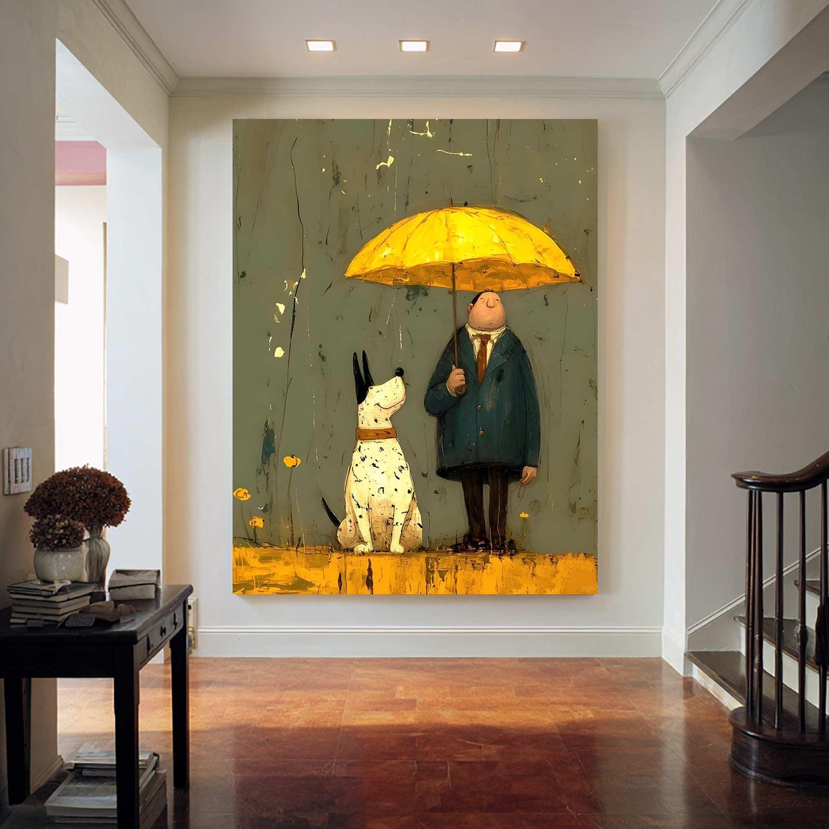 May include: A whimsical painting depicts a man in a dark blue coat holding a yellow umbrella, sheltering a spotted dog. The artwork has a textured background with yellow accents, creating a charming and artistic scene.