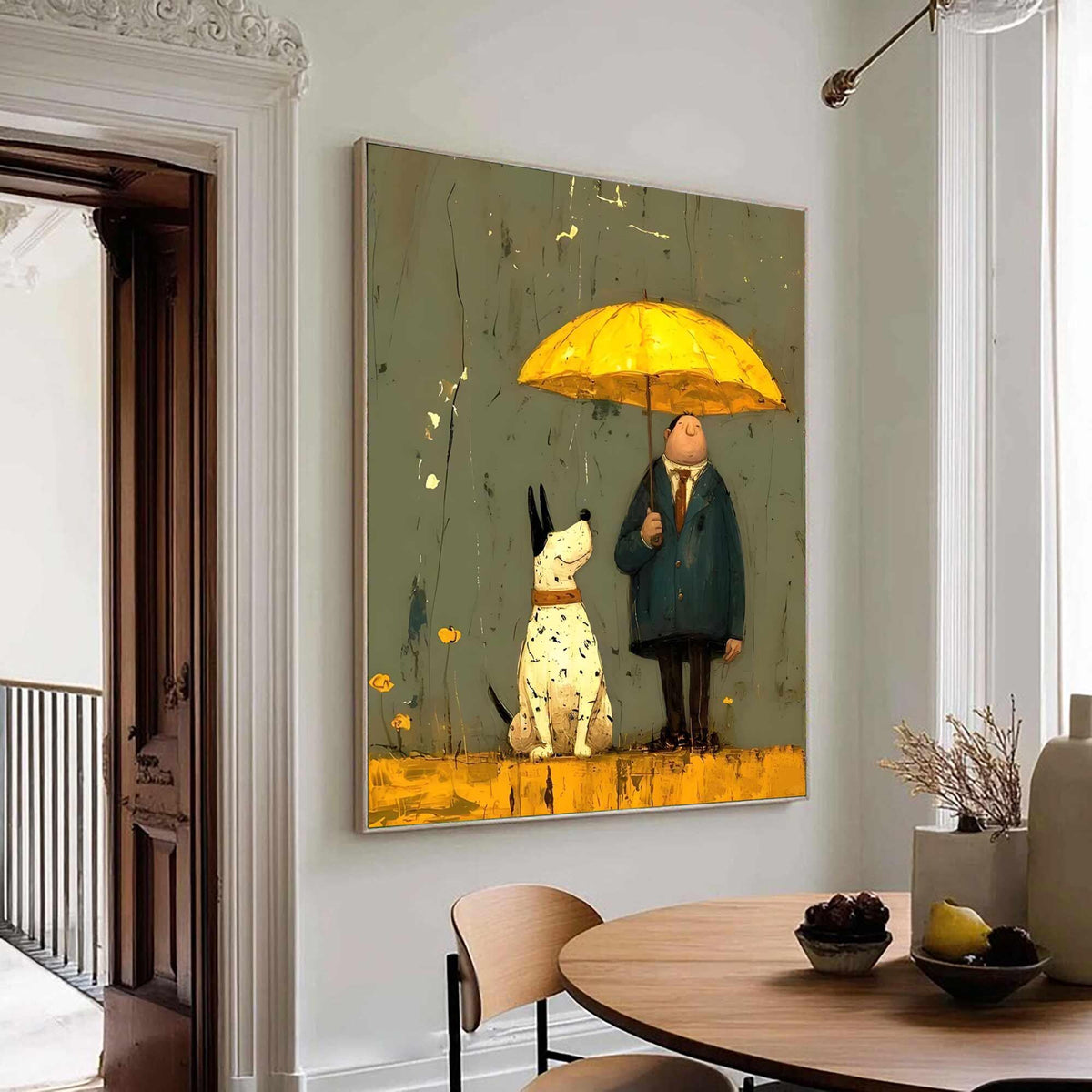 May include: A whimsical painting depicts a man and a dog under a yellow umbrella. The man wears a dark coat and tie, while the dog is white with black spots. The background is a muted green with yellow accents, creating a charming scene.