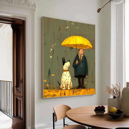 May include: A whimsical painting depicts a man and a dog under a yellow umbrella. The man wears a dark coat and tie, while the dog is white with black spots. The background is a muted green with yellow accents, creating a charming scene.